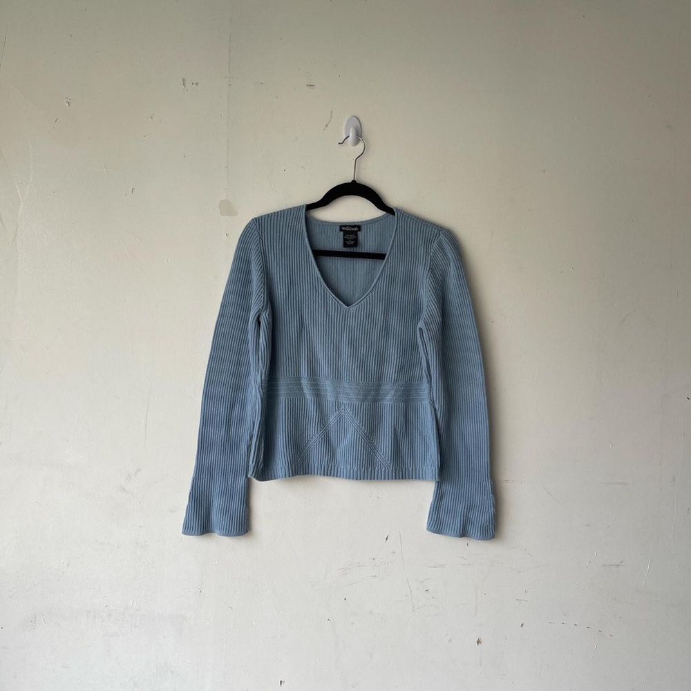 Vintage Willi Smith Light Blue Knit Ribbed V-neck Flare Sleeve Sweater Size L
